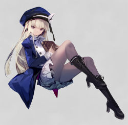 Rule 34 | 1girl, beret, black footwear, black pantyhose, blonde hair, blunt bangs, book, boots, closed mouth, coat, cross-laced footwear, expressionless, frilled skirt, frills, full body, grey background, hat, high heel boots, high heels, holding, holding book, juliet sleeves, kawasumi (japonica), long hair, long sleeves, looking at viewer, original, pantyhose, puffy sleeves, purple eyes, sidelocks, simple background, skirt, solo, tsurime, white skirt