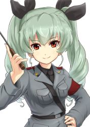 Rule 34 | 1girl, anchovy (girls und panzer), anzio military uniform, belt, black belt, black necktie, black ribbon, black shirt, buchikaki, closed mouth, commentary, dress shirt, drill hair, girls und panzer, green hair, grey jacket, hair ribbon, hand on own hip, highres, holding, holding riding crop, jacket, long hair, long sleeves, looking at viewer, military, military uniform, necktie, red eyes, ribbon, riding crop, sam browne belt, shirt, simple background, smile, solo, twin drills, twintails, uniform, upper body, white background