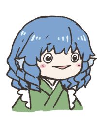 Rule 34 | 1girl, black eyes, blue hair, blunt bangs, cropped torso, fins, head fins, highres, medium hair, parted lips, poronegi, sacabambaspis, simple background, solo, touhou, upper body, wakasagihime, white background