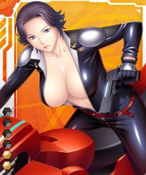 Rule 34 | 00s, 1girl, armor, belt, black hair, blue eyes, breasts, card (medium), card (orange-r), card (r), cleavage, collarbone, female focus, gloves, gradient background, gun, handgun, holding, holding gun, holding weapon, large breasts, lilith-soft, lips, looking at viewer, motor vehicle, motorcycle, neck, open clothes, pauldrons, pistol, serious, short hair, shoulder armor, sitting, solo, spandex, taimanin (series), taimanin asagi, taimanin asagi battle arena all card gallery, taimanin asagi kessen arena, takasugi kou, vehicle, villetta lauren, weapon