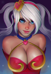 Rule 34 | 1girl, alternate costume, bare shoulders, blue eyes, breasts, cleavage, elbow gloves, essentialsquid, gloves, hair ornament, heart hair ornament, large breasts, league of legends, lipstick, long hair, looking at viewer, makeup, pink lips, silver hair, solo, sona (league of legends), sweetheart sona