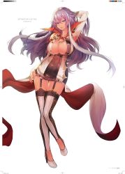 Rule 34 | 1girl, absurdres, armpit cutout, blue eyes, breasts, bridal gauntlets, cleavage, clothing cutout, dress, full body, garter straps, hair between eyes, hand in own hair, hand on own head, hand on own thigh, hand on thigh, high collar, highres, isabelle (shadowverse), large breasts, legs together, long hair, looking at viewer, multicolored hair, official art, open mouth, purple hair, shadowverse, simple background, solo, standing, teddy (khanshin), thighhighs, thighs, two-tone hair, white background, white hair