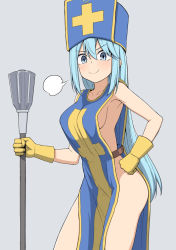 Rule 34 | &gt;:), 1girl, aqua (konosuba), bare shoulders, blue eyes, blue hair, blue hat, blush, breasts, closed mouth, commentary request, cosplay, cowboy shot, dragon quest, dragon quest iii, gloves, grey background, hand on own hip, hat, holding, holding staff, kono subarashii sekai ni shukufuku wo!, long hair, looking at viewer, mitre, naked tabard, priest (dq3), priest (dq3) (cosplay), salpin, sideboob, sidelocks, simple background, small breasts, smile, smug, solo, staff, straight hair, tabard, thighs, v-shaped eyebrows, very long hair, yellow gloves