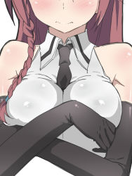 Rule 34 | 10s, 1girl, asami lilith, bare shoulders, between breasts, black gloves, blush, braid, breasts, close-up, elbow gloves, gloves, head out of frame, highres, long hair, necktie, necktie between breasts, red hair, solo, trinity seven, uguisu (happy turn), upper body, view between breasts