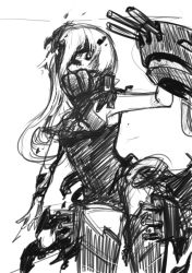 Rule 34 | 10s, 1girl, abyssal ship, armor, armored boots, armpits, ascot, bad id, bad pixiv id, black dress, boots, cannon, dress, greyscale, kantai collection, long hair, miso dengaku (donadonaton), monochrome, ne-class heavy cruiser, one eye covered, short dress, simple background, sketch, solo, thigh boots, thighhighs, white background, zettai ryouiki