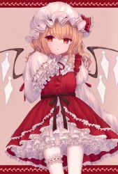 Rule 34 | 1girl, adapted costume, bebitera, belt, blouse, border, bow, bowtie, breasts, brown background, brown belt, brown bow, crystal, dress, dress bow, embellished costume, eyelashes, flandre scarlet, frilled dress, frilled ribbon, frills, hair between eyes, hand up, hat, hat ribbon, highres, jewelry, juliet sleeves, leaf, long sleeves, looking to the side, medium breasts, mob cap, multicolored wings, one side up, open mouth, orange hair, pantyhose, puffy sleeves, red border, red bow, red bowtie, red dress, red eyes, red ribbon, ribbon, shirt, simple background, solo, standing, touhou, white hat, white pantyhose, white shirt, wide sleeves, wings