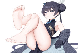 Rule 34 | 1girl, absurdres, ass, bare shoulders, barefoot, black gloves, black hair, blue archive, blush, butterfly hair ornament, china dress, chinese clothes, closed mouth, double bun, dragon print, dress, feet, feet up, foot focus, gloves, grey eyes, hair bun, hair ornament, highres, jacket, jc shikikan, kisaki (blue archive), long hair, looking at viewer, pelvic curtain, simple background, sleeveless, sleeveless dress, soles, solo, striped clothes, striped jacket, twintails, vertical-striped clothes, vertical-striped jacket, white background