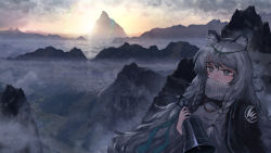 Rule 34 | 1girl, animal ears, arknights, bell, black jacket, blush, braid, bright pupils, circlet, dress, gino (gino h), grey dress, grey eyes, grey hair, grey scarf, highres, holding, holding bell, horizon, jacket, landscape, long hair, looking at viewer, mountain, nose blush, open clothes, open jacket, pramanix (arknights), scarf, scarf over mouth, side braids, solo, sun, sunrise, very long hair, white pupils