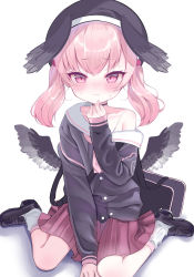 Rule 34 | beret, black hat, black wings, blue archive, feathered wings, grey wings, halo, hat, head wings, highres, koharu (blue archive), loafers, loose socks, mashi (mashimyu), mashimyu, neckerchief, pink eyes, pink hair, pink neckerchief, sailor collar, shoes, sleeves past wrists, socks, twintails, white sailor collar, winged hat, wings