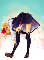 Rule 34 | 1girl, :d, animal ear legwear, bent over, black socks, blonde hair, cat ear legwear, fang, frilled skirt, frills, from behind, full body, hair ribbon, highres, kneehighs, leaning forward, loafers, looking back, murani, open mouth, pantyhose, red eyes, ribbon, rumia, shirt, shoes, short hair, skirt, smile, socks, solo, thighhighs, touhou, vest