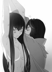 Rule 34 | 10s, 2girls, alternate universe, artist request, blush, breasts, bruise, cloak, clothed female nude female, greyscale, hair censor, hair over breasts, highres, incest, injury, kill la kill, kiryuuin satsuki, large breasts, long hair, matoi ryuuko, monochrome, multiple girls, nude, siblings, sisters, spoilers