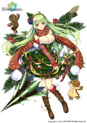Rule 34 | 1girl, arm warmers, asymmetrical sleeves, boots, bow, braid, breasts, brown footwear, candy, candy cane, christmas, christmas tree costume, city forest online, cleavage, flower knight girl, food, full body, gingerbread man, green bow, green hair, hair bow, hairband, knee boots, large breasts, long hair, looking at viewer, mismatched sleeves, mominoki (flower knight girl), name connection, object namesake, official art, polearm, pom pom (clothes), red bow, red scarf, scarf, smile, solo, spear, standing, very long hair, weapon, white background, yellow eyes