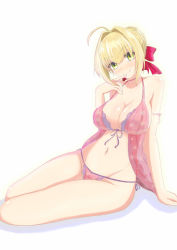 Rule 34 | 10s, 1girl, ahoge, babydoll, blonde hair, blush, breasts, cleavage, fate/extra, fate (series), finger to mouth, green eyes, hair ribbon, lingerie, medium breasts, navel, nero claudius (fate), nero claudius (fate) (all), nero claudius (fate/extra), panties, pink babydoll, pink panties, ribbon, side-tie panties, simple background, sitting, smile, solo, souryu 1231, underwear, white background