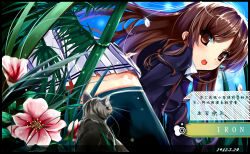 Rule 34 | 1girl, :o, ass, black thighhighs, blue sky, brown eyes, brown hair, cat, field, flower, from behind, grass, iron (huyiyang), long hair, looking at viewer, open mouth, original, plant, sky, solo, surprised, text focus, thighhighs