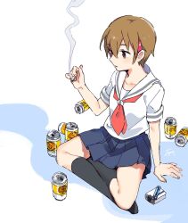 Rule 34 | 1girl, brown eyes, brown hair, can, character request, cigarette, fuji fujino, full body, highres, holding, holding cigarette, lighter, pleated skirt, school uniform, serafuku, short hair, simple background, skirt, smoking, solo, white background