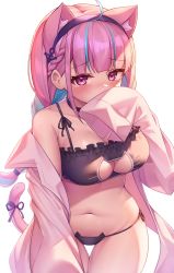 Rule 34 | 1girl, absurdres, ahoge, anchor symbol, animal ears, bad id, bad twitter id, bare shoulders, blue hair, blush, braid, breasts, cat ears, cat girl, cat lingerie, cat tail, cleavage, collarbone, deaver, extra ears, headband, highres, hololive, hood, hoodie, kemonomimi mode, large breasts, meme attire, minato aqua, multicolored hair, navel, open clothes, open hoodie, panties, pink hair, purple eyes, ribbon, solo, string panties, tail, tail ornament, tail ribbon, tearing up, two-tone hair, underwear, virtual youtuber
