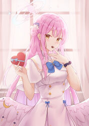 Rule 34 | 1girl, absurdres, angel wings, blue archive, blush, box, capelet, crescent, crescent pin, dress, feathered wings, gift, gift box, hair bun, halo, heart-shaped box, highres, holding, holding gift, long hair, looking at viewer, mika (blue archive), pink hair, pink halo, rieatco, single side bun, solo, valentine, white capelet, white dress, white wings, wings, yellow eyes