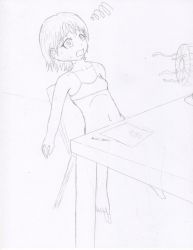 Rule 34 | 1girl, @ @, barefoot, bra, breasts, chair, collarbone, desk, electric fan, highres, hot, monochrome, navel, omocommando, open mouth, paper, pencil, short hair, sitting, sketch, small breasts, sweat, underwear