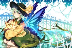 Rule 34 | 1girl, asada sadao, bad id, bad pixiv id, black hat, blush, bow, bowler hat, butterfly wings, clenched teeth, crying, crying with eyes open, detached wings, eyebrows, floral print, frilled skirt, frilled sleeves, frills, full body, green eyes, green hair, green skirt, hat, hat bow, highres, holding, insect wings, jacket, komeiji koishi, lantern, light, matching hair/eyes, nose blush, parted lips, plant, seiza, simple background, sitting, skirt, solo, sparkle, tears, teeth, thorns, touhou, vines, water, white background, wings, yellow bow, yellow jacket