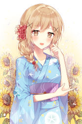 Rule 34 | 1girl, alternate hairstyle, bad id, bad pixiv id, bang dream!, blonde hair, blue kimono, blush, braid, clenched hand, floral background, flower, hair flower, hair ornament, hair over shoulder, hand on own elbow, hand up, highres, ichigaya arisa, japanese clothes, kimono, light brown hair, looking at viewer, obi, open mouth, red flower, sash, single braid, solo, sunflower, taya oco, water drop, white flower, wide sleeves, x hair ornament