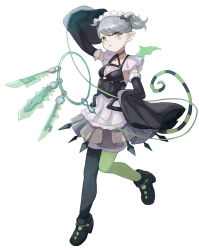 Rule 34 | 1girl, arianna the labrynth servant, black dress, black sleeves, black tail, blush stickers, charm (object), demon girl, demon horns, demon tail, demon wings, detached sleeves, dress, green eyes, green tail, green wings, grey hair, horns, ishii (young-moon), key, maid, maid headdress, pink thighhighs, pointy ears, solo, tail, thighhighs, twintails, wings, yu-gi-oh!