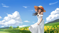 Rule 34 | 1girl, absurdres, arm behind head, bare shoulders, black bow, black hair, blue eyes, blue sky, bow, breasts, cleavage, cloud, collarbone, commentary request, cowboy shot, crossed bangs, dress, flower, frilled sleeves, frills, grass, hair between eyes, hat, highres, lifting own clothes, long hair, looking at viewer, looking to the side, mountain, off-shoulder dress, off shoulder, open mouth, original, outdoors, plain, scenery, short sleeves, sidelocks, sky, solo, standing, straw hat, sunflower, tari (aegr3883), teeth, tree, upper teeth only, white dress, wind, windmill