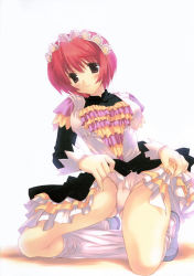 Rule 34 | 1girl, blush, brown eyes, clothes lift, clothes pull, fantasy earth zero, kneeling, maid, mitsumi misato, panties, pantyhose, pantyhose pull, red hair, short hair, skirt, skirt lift, solo, underwear, white pantyhose