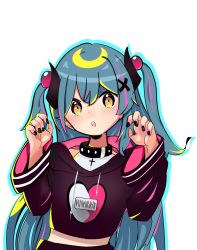 Rule 34 | 1girl, :o, black hoodie, black nails, blue hair, breasts, chinese commentary, claw pose, demon girl, demon horns, fang zi zi zimao, head tilt, highres, hood, hoodie, horns, karon (vtuber), karon official, long hair, looking at viewer, medium breasts, nail polish, nijisanji, open mouth, pointy ears, solo, two side up, upper body, virtual youtuber, virtuareal, white background, yellow eyes