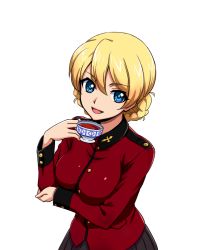 Rule 34 | 10s, 1girl, blonde hair, blue eyes, braid, breast hold, breasts, cup, darjeeling (girls und panzer), girls und panzer, holding, holding elbow, jacket, long sleeves, looking at viewer, military, military uniform, open mouth, pleated skirt, shinmai (kyata), short hair, skirt, smile, solo, tea, teacup, transparent background, uniform, upper body