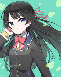 Rule 34 | 1girl, black hair, black jacket, blazer, blue eyes, bow, bowtie, braid, closed mouth, collared shirt, dot nose, floating hair, french braid, green background, hair ornament, hair ribbon, hairpin, hand in own hair, hand up, jacket, long hair, long sleeves, looking at viewer, nijisanji, red bow, red bowtie, red ribbon, ribbon, school uniform, shirt, sidelocks, simple background, smile, solo, sou (tuhut), straight hair, tsukino mito, tsukino mito (1st costume), upper body, virtual youtuber, white shirt