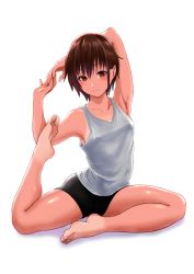 Rule 34 | armpits, arms behind head, bare legs, barefoot, bike shorts, blush, brown hair, closed mouth, collarbone, feet, fingers together, flexible, highres, looking at viewer, nipples, no bra, original, red eyes, shiny skin, shirt, short hair, shorts, simple background, sitting, soles, stretching, tan, tank top, tanline, thighs, toes, tomboy, uriens, white background, white shirt, yoga