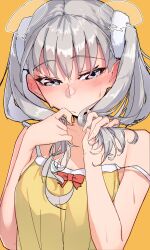 Rule 34 | 1girl, bare shoulders, bow, bow camisole, breasts, camisole, closed mouth, commentary, embarrassed, eyelashes, frown, grey eyes, grey hair, hands up, highres, long hair, looking at viewer, medium breasts, monogatari (series), narrowed eyes, owarimonogatari, own hands together, playing with own hair, raised eyebrows, red bow, scrunchie, simple background, solo, steam, steaming body, strap slip, sweat, thomas (aoakumasan), twintails, upper body, very sweaty, w arms, white scrunchie, yellow background, yellow camisole