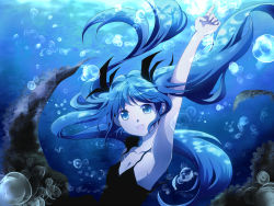 Rule 34 | 1girl, armpits, blue eyes, blue hair, breasts, cleavage, hatsune miku, long hair, mariwai (marireroy), matching hair/eyes, pointing, shinkai shoujo (vocaloid), shinri ibitsu, small breasts, smile, solo, twintails, underwater, very long hair, vocaloid, water