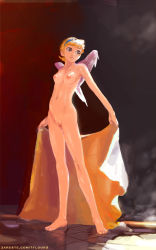 Rule 34 | 1girl, arched back, barefoot, breasts, breasts apart, breath of fire, breath of fire iv, faux traditional media, groin, hairband, medium breasts, navel, nina (breath of fire iv), nipples, nude, pussy, reflection, short hair, solo, standing, steam, towel, uncensored, watermark, white wings, wings, zareste