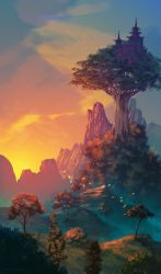 Rule 34 | absurdres, anato finnstark, architecture, castle, commentary, east asian architecture, english commentary, fantasy, giant tree, highres, huge filesize, mountain, no humans, orange sky, original, outdoors, pagoda, scenery, sky, sunset, tree