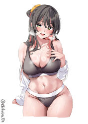 Rule 34 | 1girl, bare shoulders, blush, breasts, collarbone, colored inner hair, commentary, cropped legs, ebifurya, fang, green eyes, grey hair, grey sports bra, hair between eyes, hair ribbon, hand on own chest, heavy breathing, highres, kantai collection, large breasts, long hair, long sleeves, multicolored hair, naganami (kancolle), navel, open mouth, pink hair, ribbon, sidelocks, simple background, smile, solo, sports bra, steaming body, sweat, thigh gap, thighs, twitter username, two-tone hair, white background