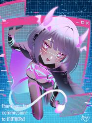 Rule 34 | 1girl, aqua eyes, black bodysuit, bob cut, bodysuit, breasts, cape, clothing cutout, commission, detached horns, gradient hair, hair intakes, headphones, highres, holographic horns, horns, indie virtual youtuber, large breasts, looking at viewer, medium breasts, medium hair, motherv3, motida tamago, multicolored eyes, multicolored hair, neon trim, pink horns, purple cape, purple eyes, skeb commission, smile, solo, tail, tail through clothes, two-tone eyes, virtual youtuber, window (computing)