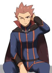 Rule 34 | 1boy, arm behind head, black cape, blue jacket, blue pants, brown eyes, cape, closed mouth, commentary request, creatures (company), frown, game freak, highres, jacket, lance (pokemon), light blush, long sleeves, male focus, nintendo, one eye closed, pants, pectorals, pokemon, pokemon hgss, popped collar, saon101, sitting, solo, spiked hair, spread legs, sweatdrop, white background