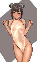 Rule 34 | 1girl, bare shoulders, blunt bangs, blush, breasts, bun cover, cameltoe, closed mouth, collarbone, commentary request, competition swimsuit, contrapposto, covered erect nipples, cowboy shot, dark-skinned female, dark skin, double bun, groin, hair bun, looking at viewer, mutsumura ryuuichi, nose blush, one-piece swimsuit, see-through, shiny clothes, short hair, sidelocks, skin tight, small breasts, smile, solo, standing, swimsuit, thigh gap, thighs, tsurime, two-tone background, w arms, yellow one-piece swimsuit