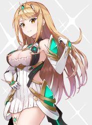 Rule 34 | .com (bot com1), 1girl, bare legs, bare shoulders, blonde hair, breasts, chest jewel, cleavage cutout, clothing cutout, crossed arms, dress, earrings, elbow gloves, gem, gloves, headpiece, highres, jewelry, large breasts, long hair, looking at viewer, mythra (xenoblade), nintendo, short dress, smile, solo, super smash bros., swept bangs, thigh strap, tiara, very long hair, white dress, white footwear, white gloves, xenoblade chronicles (series), xenoblade chronicles 2, yellow eyes