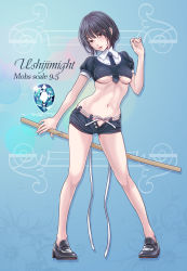Rule 34 | 1girl, bare legs, between breasts, black footwear, black hair, black necktie, black shorts, blue background, blush, breasts, brown eyes, commentary request, contrapposto, copyright request, crop top, crop top overhang, full body, gem, gradient background, hand up, head tilt, highres, holding, holding sword, holding weapon, leaning to the side, legs apart, lips, loafers, looking at viewer, medium breasts, navel, necktie, necktie between breasts, no socks, parted lips, pigeon-toed, puffy short sleeves, puffy sleeves, ribbon, shoes, short hair, short shorts, short sleeves, shorts, solo, standing, stomach, sword, unbuttoned, underboob, v-mag, weapon, white ribbon, wooden sword