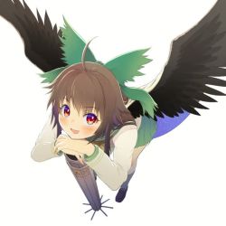 Rule 34 | 1girl, :d, ahoge, arm cannon, blouse, blush, bow, brown hair, cape, foreshortening, from above, green skirt, hair bow, long hair, long sleeves, looking at viewer, open mouth, perspective, red eyes, reiuji utsuho, shiroi karasu, shirt, skirt, smile, solo, thighhighs, touhou, weapon, white background, white shirt, wings