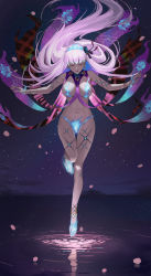 Rule 34 | 1girl, absurdres, bare shoulders, barefoot, blue fire, blue hair, body markings, bracelet, breasts, censored nipples, closed eyes, earrings, fate/grand order, fate (series), fire, flower, full body, hair flower, hair ornament, hair ribbon, highres, jewelry, kama (fate), kama (swimsuit avenger) (fate), kama (swimsuit avenger) (third ascension) (fate), large breasts, long hair, lotus, multicolored hair, navel, night, night sky, parted lips, petals, revealing clothes, ribbon, ripples, sky, solo, star (sky), star (symbol), star earrings, starry sky, ts-ix, two-tone hair, water, white hair