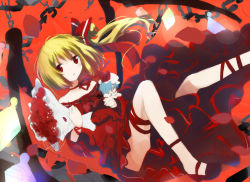 Rule 34 | 1girl, alternate costume, blonde hair, bouquet, chain, character doll, choker, dress, expressionless, female focus, flandre scarlet, flower, gotyou, leg ribbon, mary janes, red dress, red eyes, remilia scarlet, ribbon, ribbon choker, shoes, short hair, side ponytail, sketch, solo, thigh ribbon, touhou, wings, wrist ribbon