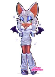 1girl alternate_costume animal_ears animal_nose bat_ears bat_girl bat_wings black_shoes blue_eyeshadow breasts dress eyeshadow fur_collar fur_trim furry furry_female gloves green_eyes grey_dress grey_gloves grey_leg_warmers highres jewelry leg_warmers lolaluflores looking_at_viewer makeup necklace pearl_necklace pink_lips rouge_the_bat shoes simple_background solo sonic_(series) white_fur white_hair wings