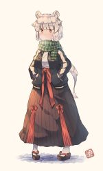 Rule 34 | 1girl, animal ear fluff, animal ears, black footwear, black jacket, blush, breath, brown background, brown skirt, closed mouth, commentary request, fringe trim, full body, green scarf, hands in pockets, highres, jacket, kuromiya, long hair, long sleeves, low ponytail, manakashi akane, open clothes, open jacket, original, plaid, plaid scarf, platform footwear, pleated skirt, ponytail, red eyes, sandals, scarf, silver hair, skirt, socks, solo, standing, tabi, very long hair, white socks, zouri