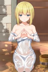 Rule 34 | 1girl, bare shoulders, blonde hair, blue eyes, blush, breasts, bucket, character request, cleavage, closed mouth, collarbone, coma (light825), covered navel, dappled sunlight, en&#039;en no shouboutai, frown, half-closed eyes, highres, iris (enen no shouboutai), looking down, medium breasts, praying, see-through, seiza, short hair, sitting, solo, steepled fingers, sunlight, tile floor, tiles, wet, wet clothes