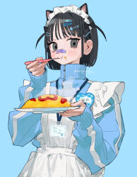 Rule 34 | 1girl, absurdres, animal ears, apron, black eyes, black hair, blue background, blue jacket, blush, cat ears, commentary request, cowboy shot, eating, fake animal ears, fish bone, food, food on face, hair ornament, hairclip, highres, holding, holding plate, jacket, jersey maid, looking at viewer, maid, maid apron, maid headdress, omelet, omurice, original, plate, short hair, simple background, solo, temu (tem27), translated, twitter username, two side up, unconventional maid, white apron