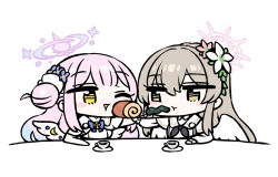 Rule 34 | 2girls, :t, blue archive, blue hair, brown eyes, cake, chan co, chibi, closed mouth, commentary, cup, dress, flower, food, grey hair, hair bun, hair flower, hair ornament, halo, holding, holding food, kelp, long hair, long sleeves, mika (blue archive), multicolored hair, multiple girls, nagisa (blue archive), one eye closed, open mouth, pink hair, purple flower, simple background, single side bun, swiss roll, white background, white dress, white flower, white wings, wing ornament, wings, yellow eyes