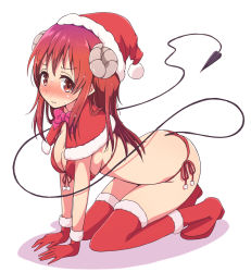 Rule 34 | 1girl, all fours, ass, bikini, blush, bow, bowtie, breasts, brown hair, butt crack, christmas, cleavage, closed mouth, demon girl, demon horns, demon tail, embarrassed, full body, hat, highres, horns, large breasts, long hair, looking at viewer, machikado mazoku, mel (melty pot), pink bow, pink bowtie, red bikini, red thighhighs, santa costume, santa hat, side-tie bikini bottom, simple background, solo, string bikini, swimsuit, tail, thighhighs, wavy mouth, white background, yoshida yuuko (machikado mazoku)